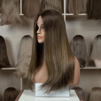Real European Raw Human Hair Ombre Blonde Brown Root Highlights Lace or Silk Top Jewish Kosher Wigs for Women
