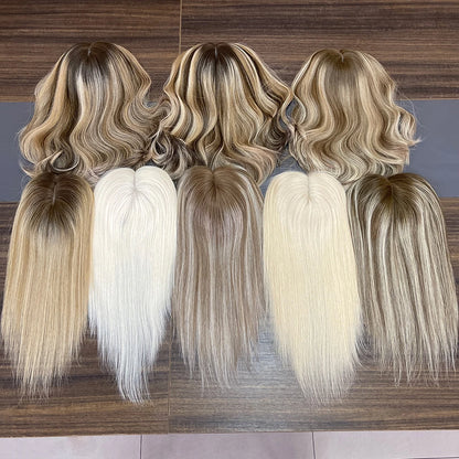 Ready to Ship Wholesale European Russian Virgin Human Hair Pieces Silk Base Mono Lace Topper for White Women