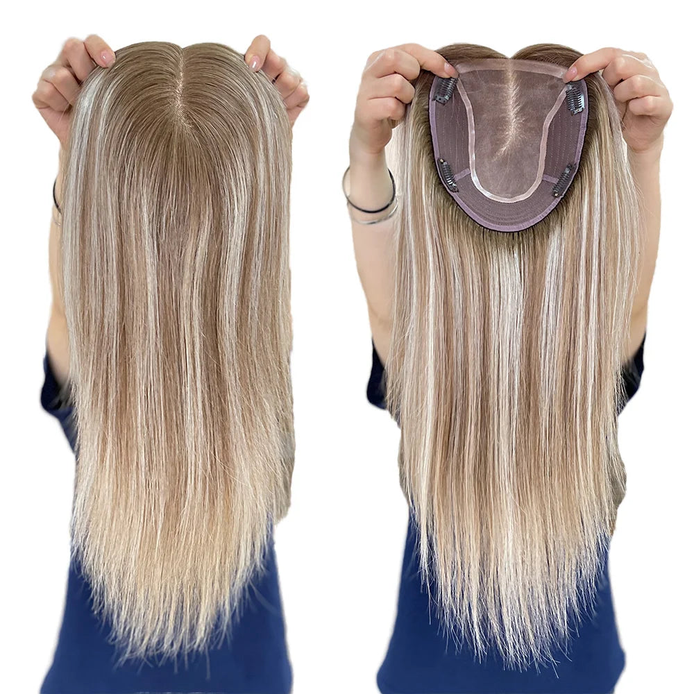 Ready to Ship Wholesale European Russian Virgin Human Hair Pieces Silk Base Mono Lace Topper for White Women