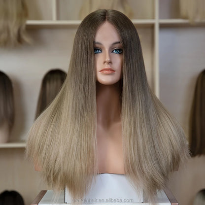 Real European Raw Human Hair Ombre Blonde Brown Root Highlights Lace or Silk Top Jewish Kosher Wigs for Women